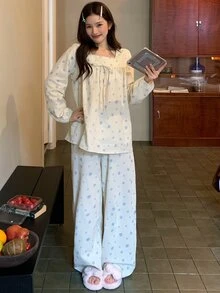 DAZY Sweet Floral 100% Pure Cotton Loose Long Sleeve Top & Straight Leg Long Pajama Pants 2-Piece Set Women's Sleepwear - Apricot - View 8