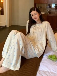 DAZY Sweet Floral 100% Pure Cotton Loose Long Sleeve Top & Straight Leg Long Pajama Pants 2-Piece Set Women's Sleepwear - Apricot - View 5