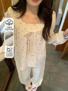 DAZY Sweet Floral 100% Pure Cotton Loose Long Sleeve Top & Straight Leg Long Pajama Pants 2-Piece Set Women's Sleepwear - Apricot - View 4