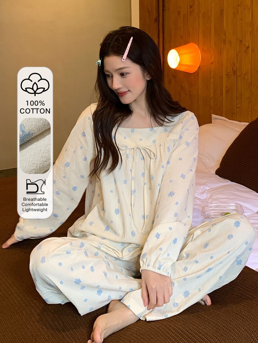 DAZY Sweet Floral 100% Pure Cotton Loose Long Sleeve Top & Straight Leg Long Pajama Pants 2-Piece Set Women's Sleepwear - Apricot - View 1