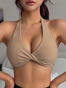 DAZY 1pc Solid Color Halter Twist Front Gather Yoga Sports Bra For Women Lingerie For Women - Khaki - View 2