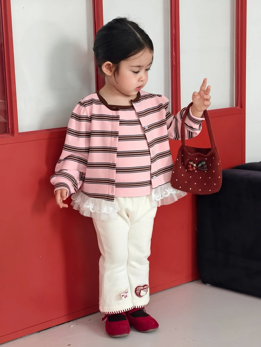 Dazy Kids Infant/Toddler (Girl) Round Neck Striped Korean Style Autumn/Winter Long Sleeve Top - Pink - View 1