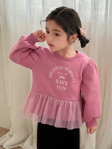 Dazy Kids بلوزة رياضية طويلة الأكمام مطبوعة بالحروف مع رقعات شبكية للبنات الرضع - وردي - مشاهدة 6