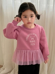 Dazy Kids بلوزة رياضية طويلة الأكمام مطبوعة بالحروف مع رقعات شبكية للبنات الرضع - وردي - مشاهدة 3