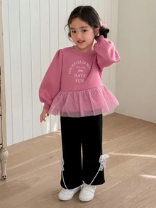 Dazy Kids بلوزة رياضية طويلة الأكمام مطبوعة بالحروف مع رقعات شبكية للبنات الرضع - وردي - مشاهدة 4