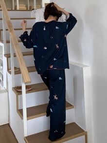 DAZY Women's Christmas Pajama Set, Cute Animal Pattern All-Over Print, Red Contrast Trim, Loose Fit - Navy Blue - View 2