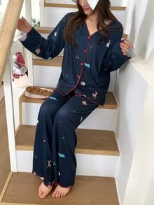 DAZY Women's Christmas Pajama Set, Cute Animal Pattern All-Over Print, Red Contrast Trim, Loose Fit - Navy Blue - View 4