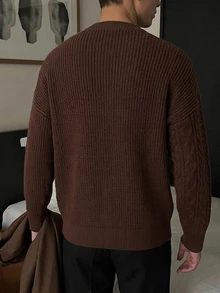 DAZY Autumn/Winter Faux Placket Design Round Neck Korean Style Sweater - Brown - View 2