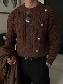 DAZY Autumn/Winter Faux Placket Design Round Neck Korean Style Sweater - Brown - View 5