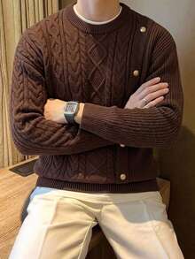 DAZY Autumn/Winter Faux Placket Design Round Neck Korean Style Sweater - Brown - View 7
