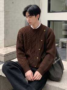 DAZY Autumn/Winter Faux Placket Design Round Neck Korean Style Sweater - Brown - View 1