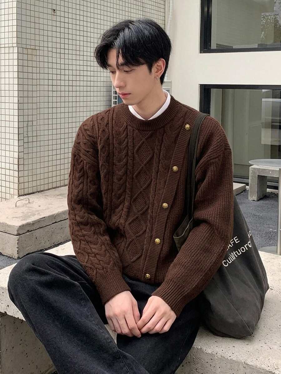 DAZY Autumn/Winter Faux Placket Design Round Neck Korean Style Sweater - Brown - View 1