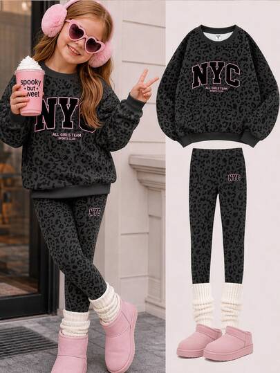 Schwarz & Pink modischer Leopardenmuster sportlicher Farbblock NYC Buchstaben Grafik, Kleine Mädchen lässiger weicher bequemer lockerer Rundhals Pullover Sweatshirt & Leggings 2-teiliges Set, neues Outfit für Herbst/Winter Alltag, Streetwear, süß & cool Schulanfang, amerikanische High Street, süß & cool entspannt, entspannte Mode, thermisch gefüttert