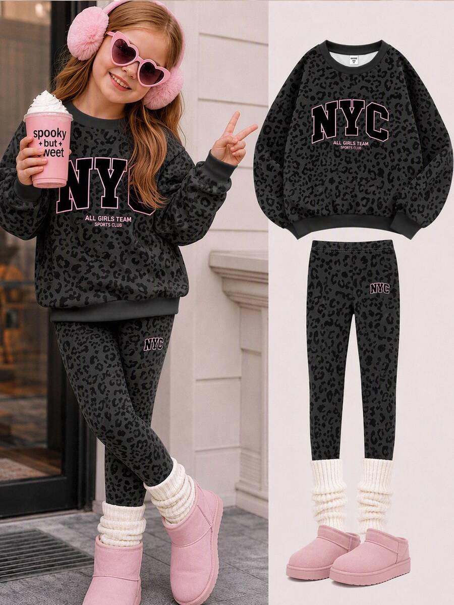黑色與粉色時尚豹紋運動風拼色 NYC 字母圖案,年輕女孩休閒柔軟舒適寬鬆圓領套頭衛衣與內搭褲 2 件套,秋冬日常穿搭,街頭風,甜酷返校風,美式高街,甜酷慵懶,休閒時尚,保暖內裡 - 彩色 - 查看 1