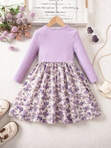 SHEIN Young Girl Floral Print Kids Patchwork Casual Daily Summer Dress - Mauve Purple - View 4