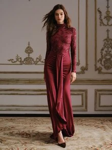 Anewsta Women's Long Burgundy Sequin Lace High Neck Slit Mermaid Fitted Ruched Evening Dress For Autumn/Winter, Wedding, Toast, Date, Party - Burgundy - View 4