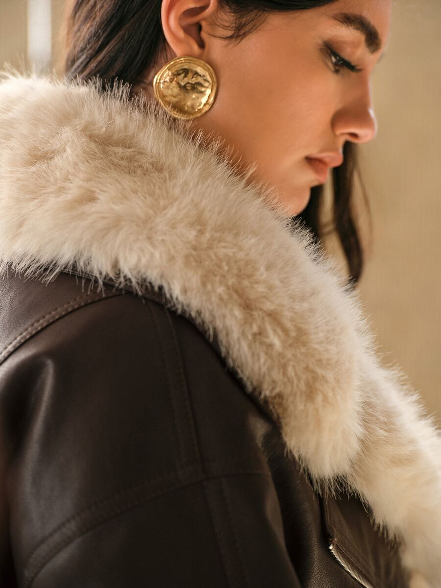 Anewsta Women Oversized Faux Fur Collar Faux Leather Cropped Jacket - Brown - View 1