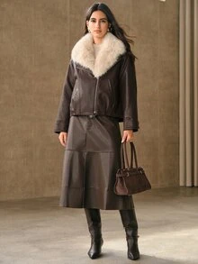 Anewsta Women Oversized Faux Fur Collar Faux Leather Cropped Jacket - Brown - View 6