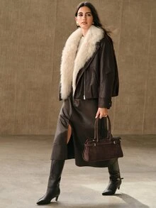 Anewsta Women Oversized Faux Fur Collar Faux Leather Cropped Jacket - Brown - View 4