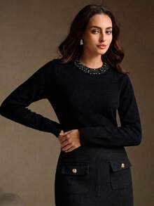Anewsta Spring Autumn Winter Knitted Sweater With Beaded Embellishments, Crew Neck Pullover, Designer Style, Commuter Chic, Elegant And Sophisticated - Black - View 6