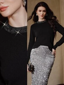 Anewsta Spring Autumn Winter Knitted Sweater With Beaded Embellishments, Crew Neck Pullover, Designer Style, Commuter Chic, Elegant And Sophisticated - Black - View 3