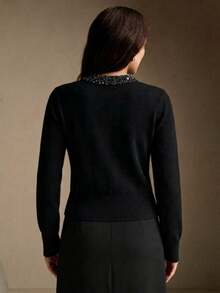 Anewsta Spring Autumn Winter Knitted Sweater With Beaded Embellishments, Crew Neck Pullover, Designer Style, Commuter Chic, Elegant And Sophisticated - Black - View 7