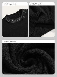 Anewsta Spring Autumn Winter Knitted Sweater With Beaded Embellishments, Crew Neck Pullover, Designer Style, Commuter Chic, Elegant And Sophisticated - Black - View 4