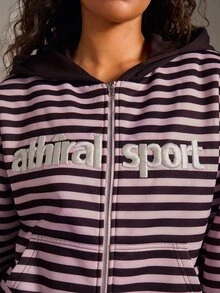 Athîral Women's Casual Striped Long Sleeve Hooded Embroidered Open Front Sweatshirt, Autumn/Winter Daily Date Sports Workout Outfit - Coffee Brown - View 6