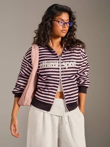 Athîral Women's Casual Striped Long Sleeve Hooded Embroidered Open Front Sweatshirt, Autumn/Winter Daily Date Sports Workout Outfit - Coffee Brown - View 4