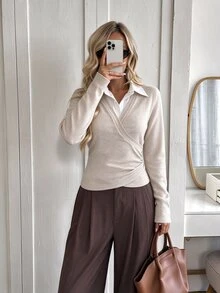 Elyressa Women's New Casual 2 In 1 Shirt Collar Knit T-Shirt - Apricot - View 4