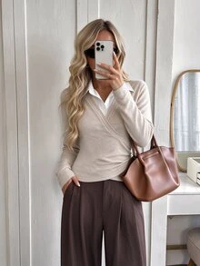 Elyressa Women's New Casual 2 In 1 Shirt Collar Knit T-Shirt - Apricot - View 5