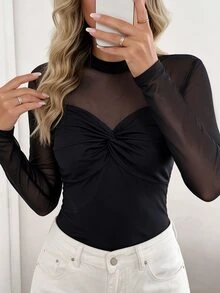 Elyressa Women's Fall New Sheer Patchwork Twisted Knot Design Long Sleeve Top Night Out Date Night Black Sexy - Black - View 6