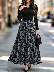 Balvessa Fashionable New Autumn/Winter Elegant Sophisticated Knit Patchwork Printed Flared Midi Dress For Women, Round Neck Long Sleeve - Black - View 5