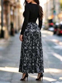 Balvessa Fashionable New Autumn/Winter Elegant Sophisticated Knit Patchwork Printed Flared Midi Dress For Women, Round Neck Long Sleeve - Black - View 2