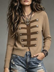 SHEIN كارديجان نسائي بياقة دائرية كاجوال للاستخدام اليومي - بني فاتح - مشاهدة 3