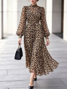 RosyDaze Spring Fall 2026 New Arrival Leopard Print Chiffon Ruffle Hem Vacation Brown Boho Mock Neck Long Sleeve Flared Dress - Brown - View 1