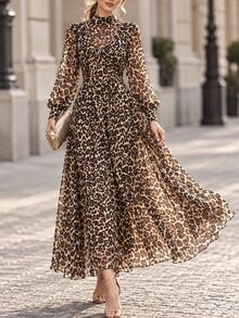 RosyDaze Spring Fall 2026 New Arrival Leopard Print Chiffon Ruffle Hem Vacation Brown Boho Mock Neck Long Sleeve Flared Dress - Brown - View 3