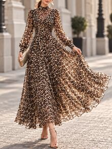 RosyDaze Spring Fall 2026 New Arrival Leopard Print Chiffon Ruffle Hem Vacation Brown Boho Mock Neck Long Sleeve Flared Dress - Brown - View 4