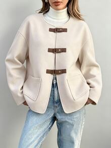 SHEIN Vintage Leather Buckle Round Neck Wool Short Jacket Women Loose Fit Big Pockets Dropped Shoulder Long Sleeve Overcoat - Apricot - View 3