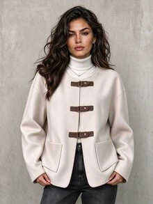 SHEIN Vintage Leather Buckle Round Neck Wool Short Jacket Women Loose Fit Big Pockets Dropped Shoulder Long Sleeve Overcoat - Apricot - View 1