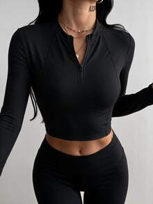 Dewbera Dewbera Women's Solid Color Half-Zip Thermal Lined Long Sleeve Sports T-Shirt - Black - View 1