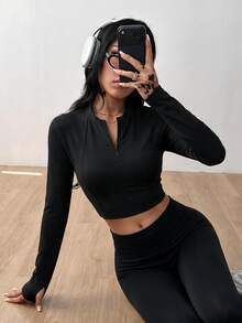 Dewbera Dewbera Women's Solid Color Half-Zip Thermal Lined Long Sleeve Sports T-Shirt - Black - View 5