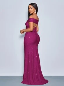 SOLERSUN Women's Medium Violet Red Sparkle Bodycon Maxi Dress, Cold Shoulder Ruched Long Formal Gown With Side Slit, Sexy Elegant All Season - Red Violet - View 3