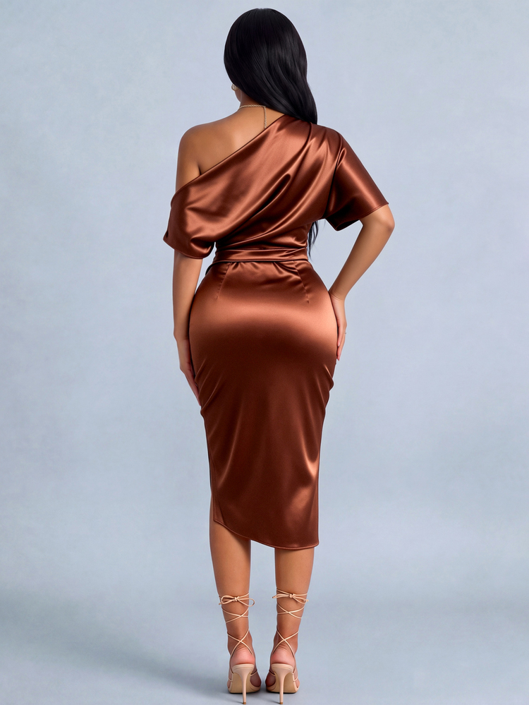 SOLERSUN Tall Women's All-Season Elegant Sexy Coffee Brown Satin Asymmetrical Shoulder Ruched Bodycon Midi Dress For Party Dinner Cocktail Gathering Summer - Brown - View 2