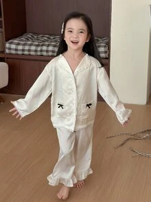 Dazy Kids Young Girl Bow Decor Single-Breasted Top And Pants Loungewear - Beige - View 4