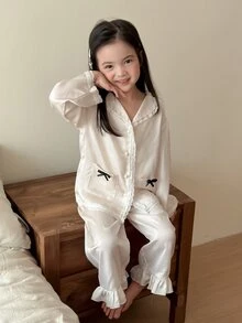 Dazy Kids Young Girl Bow Decor Single-Breasted Top And Pants Loungewear - Beige - View 1