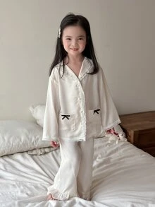 Dazy Kids Young Girl Bow Decor Single-Breasted Top And Pants Loungewear - Beige - View 7