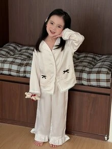 Dazy Kids Young Girl Bow Decor Single-Breasted Top And Pants Loungewear - Beige - View 2