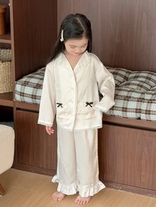 Dazy Kids Young Girl Bow Decor Single-Breasted Top And Pants Loungewear - Beige - View 5