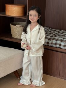 Dazy Kids Young Girl Bow Decor Single-Breasted Top And Pants Loungewear - Beige - View 9